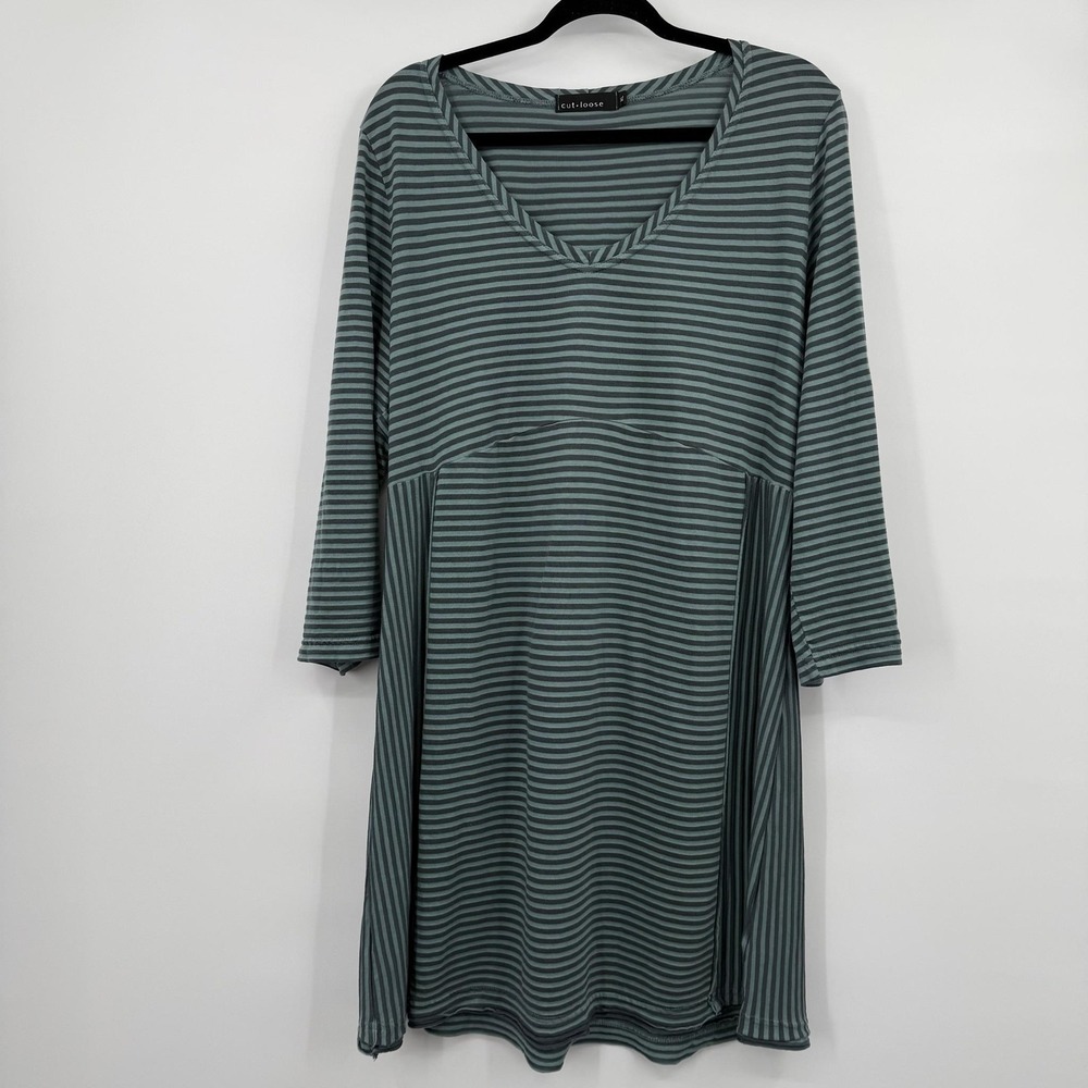 Cut Loose Dress Womens XL Green Striped V-Neckโ Lightweight Lagenlook Artsy